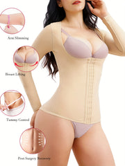 Front Buckle Shaping Tops Long Sleeve Tummy Control Slimmer Open Bust Top