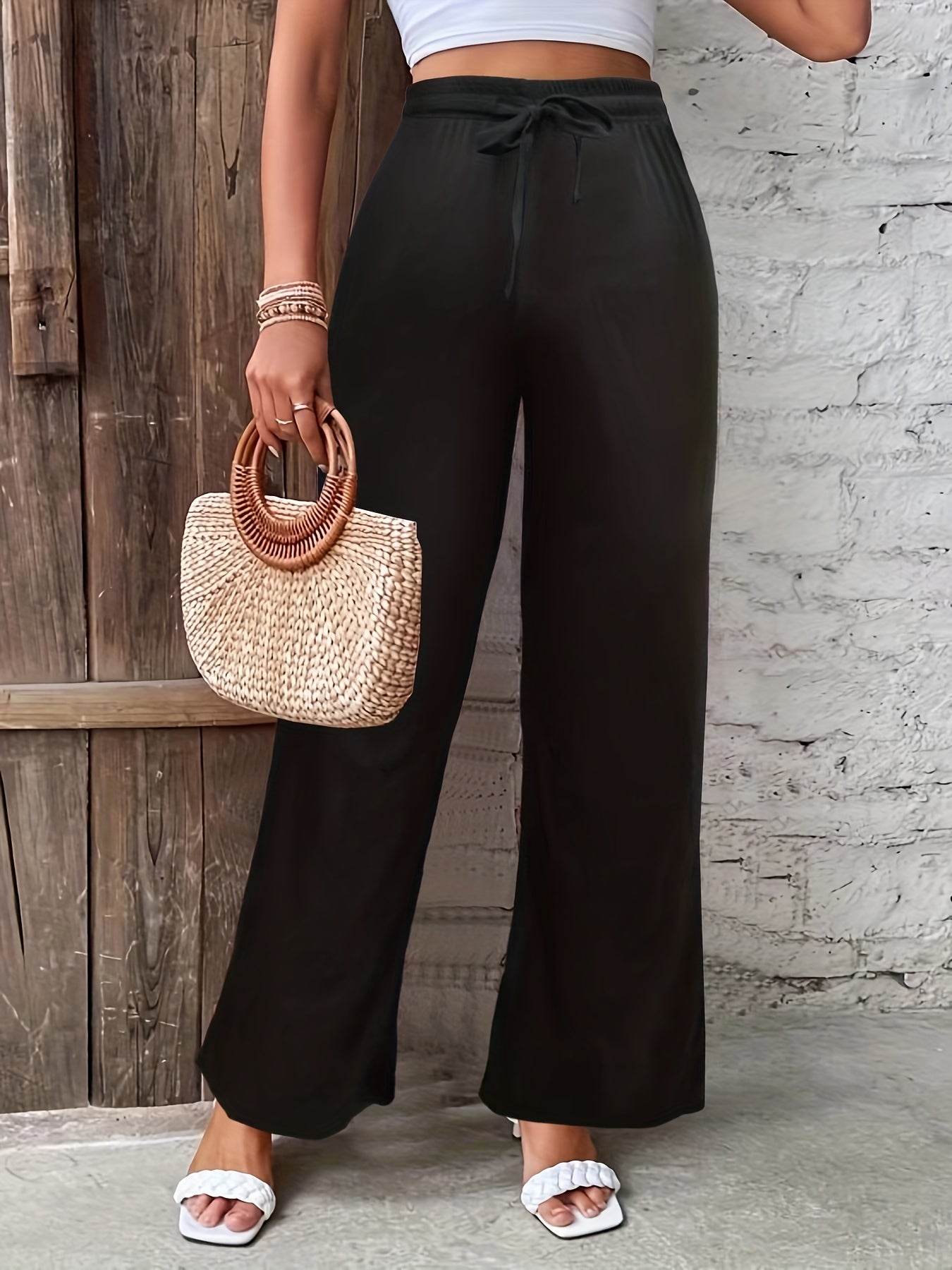 Ribbed Drawstring Straight Leg Trousers
