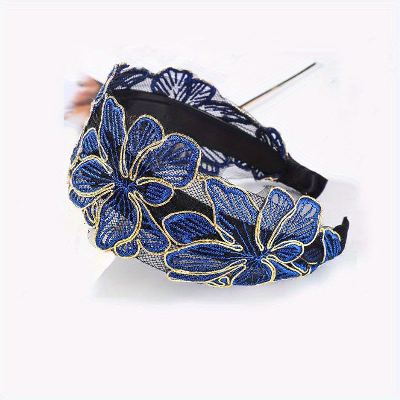 Wide Lace Headband Flower Embroidered Hair Band for Women Girls