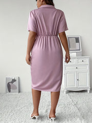  Solid Short Sleeve Ruched Waist Split Dress