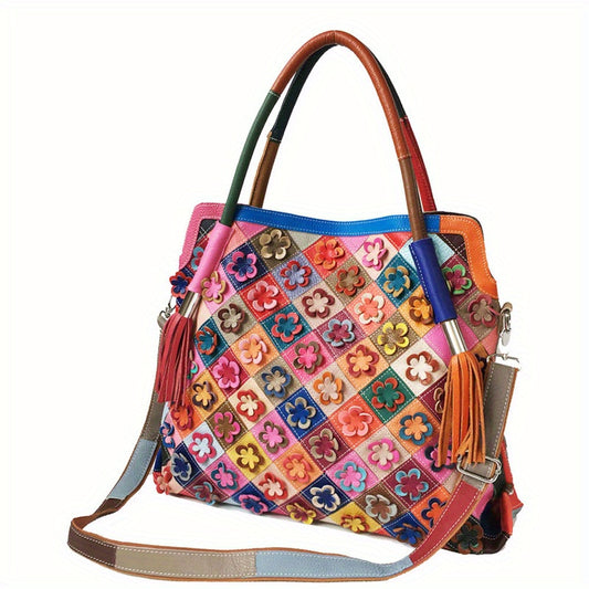 Vintage 3D Flower Embroidery Tote Bag with Colorblock Patchwork Design