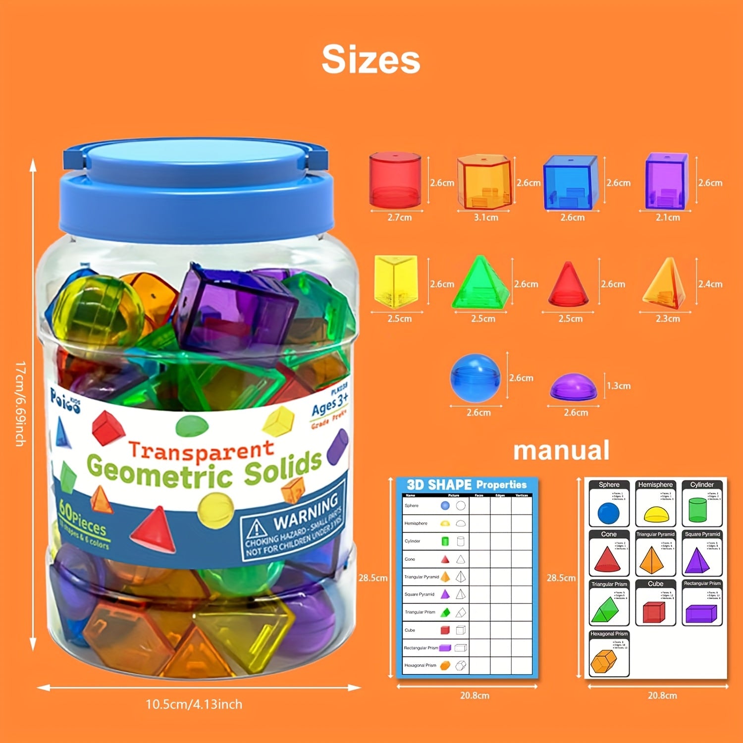 60pcs Translucent Geometric Solids 3D Shapes Tabletop Figures for Teaching