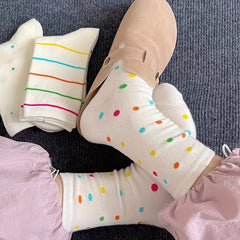 3 Pairs Colorful Dot & Stripe Print Socks Comfy Mid Tube Stockings