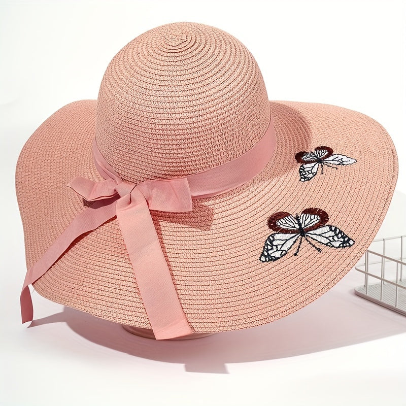 Pink Butterfly Embroidery Sun Hat Wide Brim Straw Beach Hat