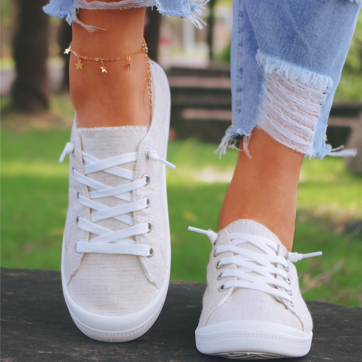 Women's Canvas Lace Up Slip On Sneakers Lightweight Loafer Shoes