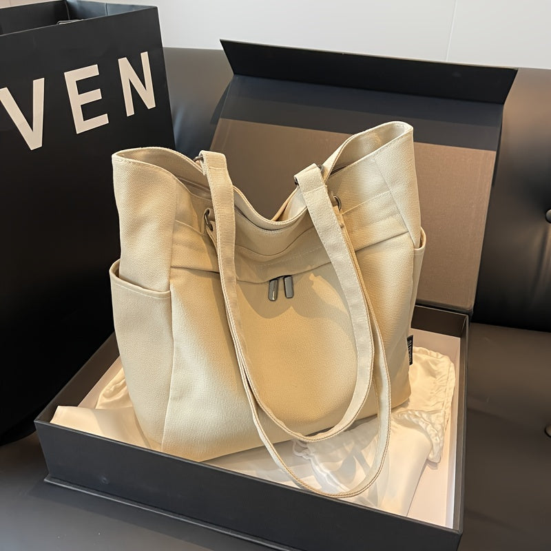 Large Capacity Canvas Tote Bag with Pockets and Zipper