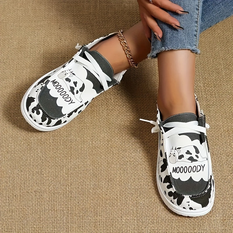 Women's Milk Cow Imprint Canvas Shoes Lace up Slip on Flat Shoes