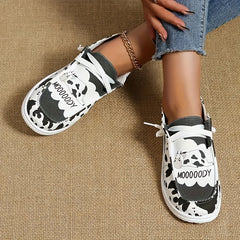 Women's Milk Cow Imprint Canvas Shoes Lace up Slip on Flat Shoes