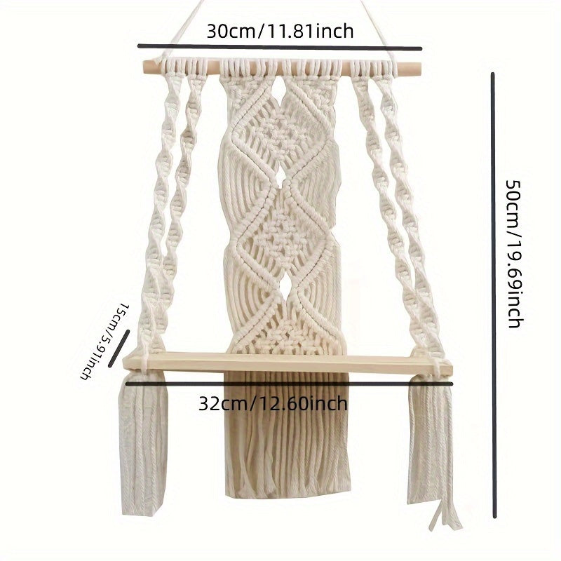 Boho Macrame Wall Shelf Wooden Hanging Storage Rack with Rope