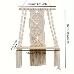 Boho Macrame Wall Shelf Wooden Hanging Storage Rack with Rope