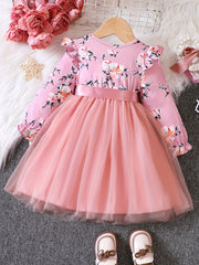 Toddler Girls Flowers Graphic Mesh Princess Dress with Belt