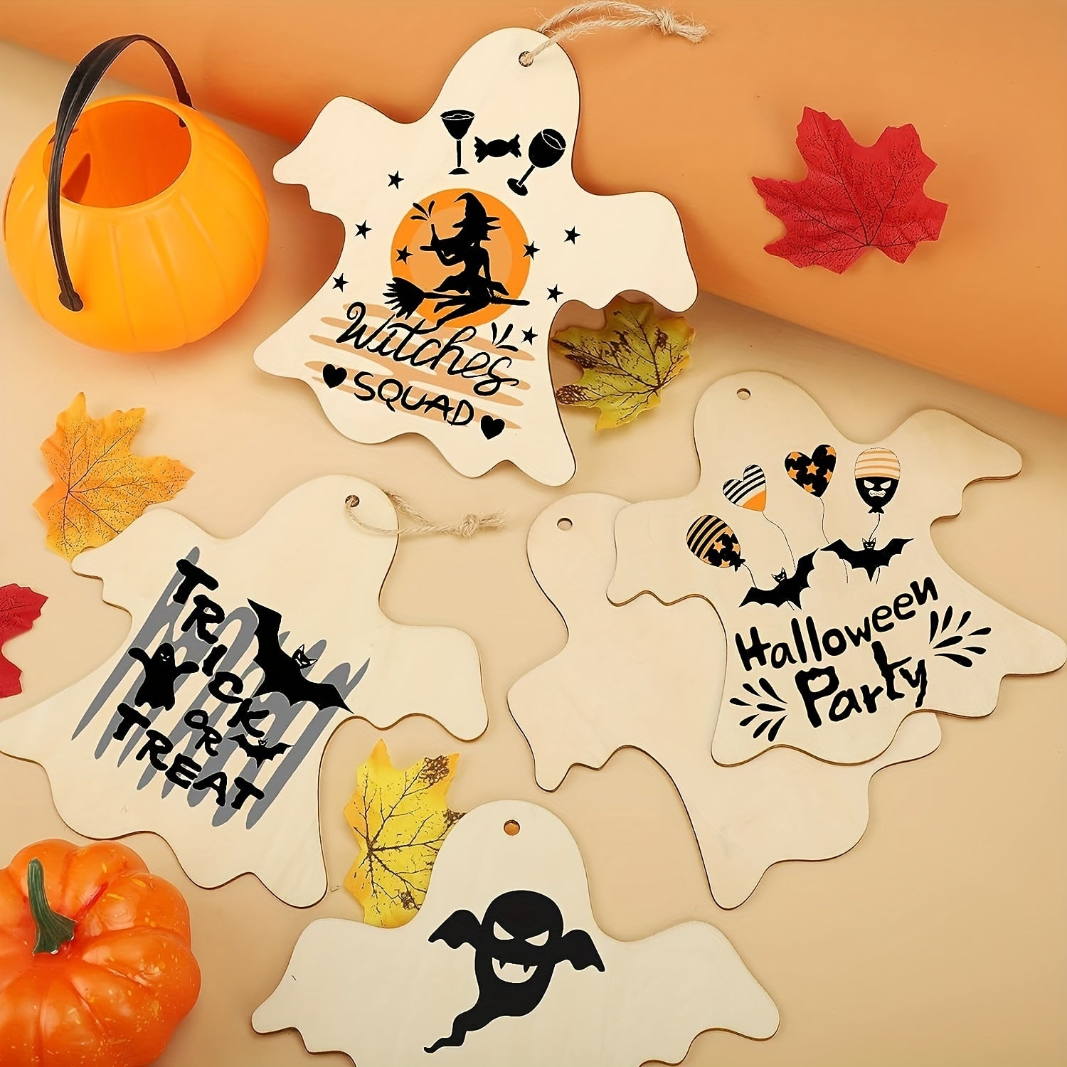 5pcs Large Halloween Ornaments Wooden Christmas Ornaments Painted DIY Blank