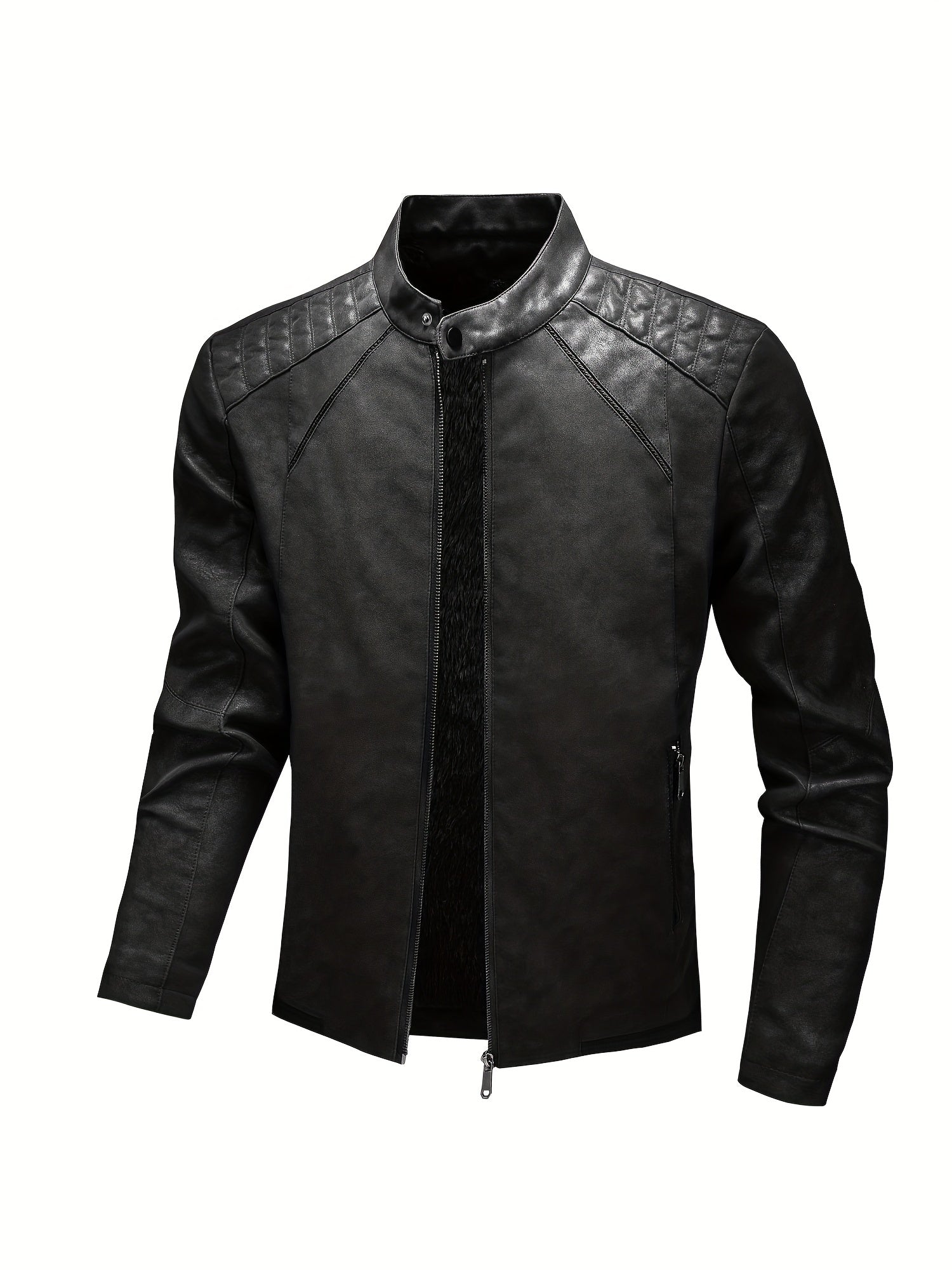 Men's Warm Fleece PU Jacket Casual Leather Coat