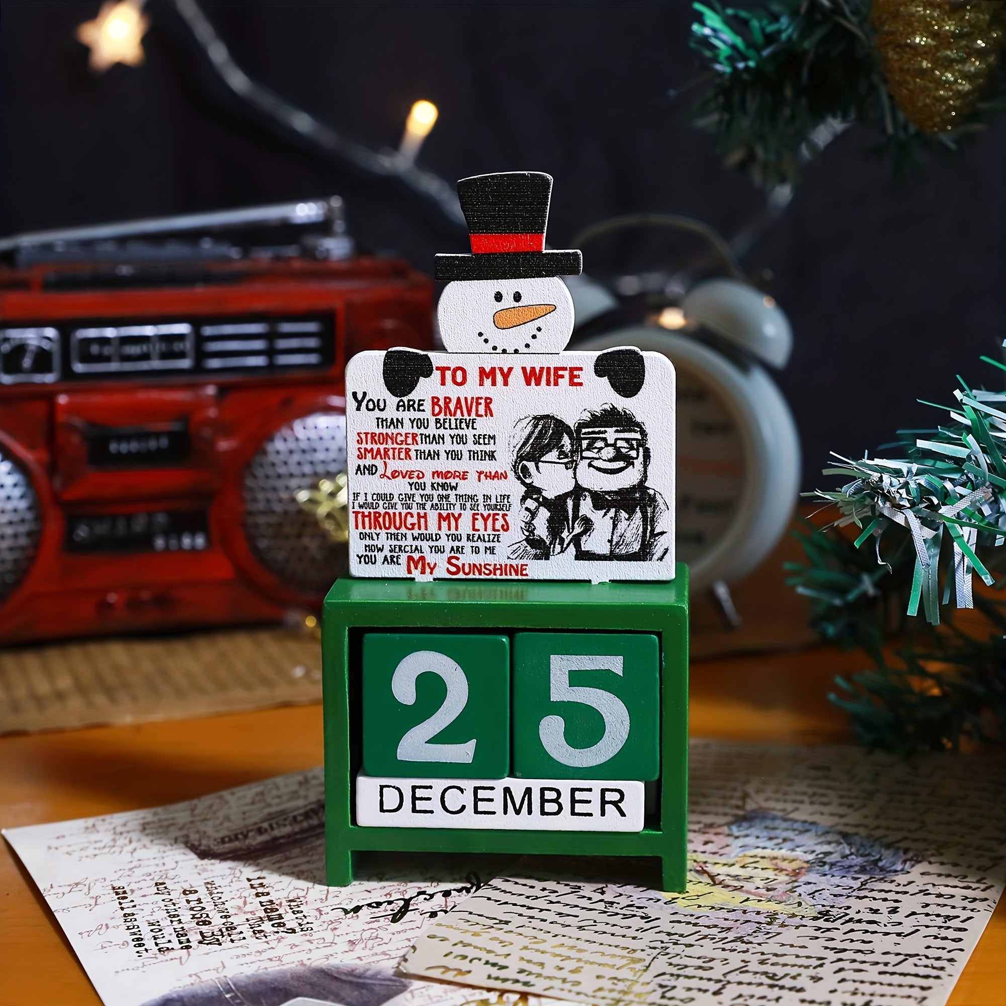 Wooden Block Desktop Calendar Christmas Decor Engraved Santa Reindeer Snowman
