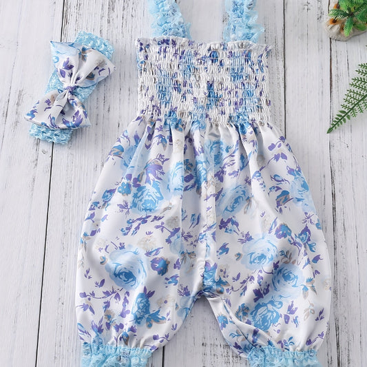 Baby Girls Romper Bloomers With Flower Print Lace Brim Bow Headband Set