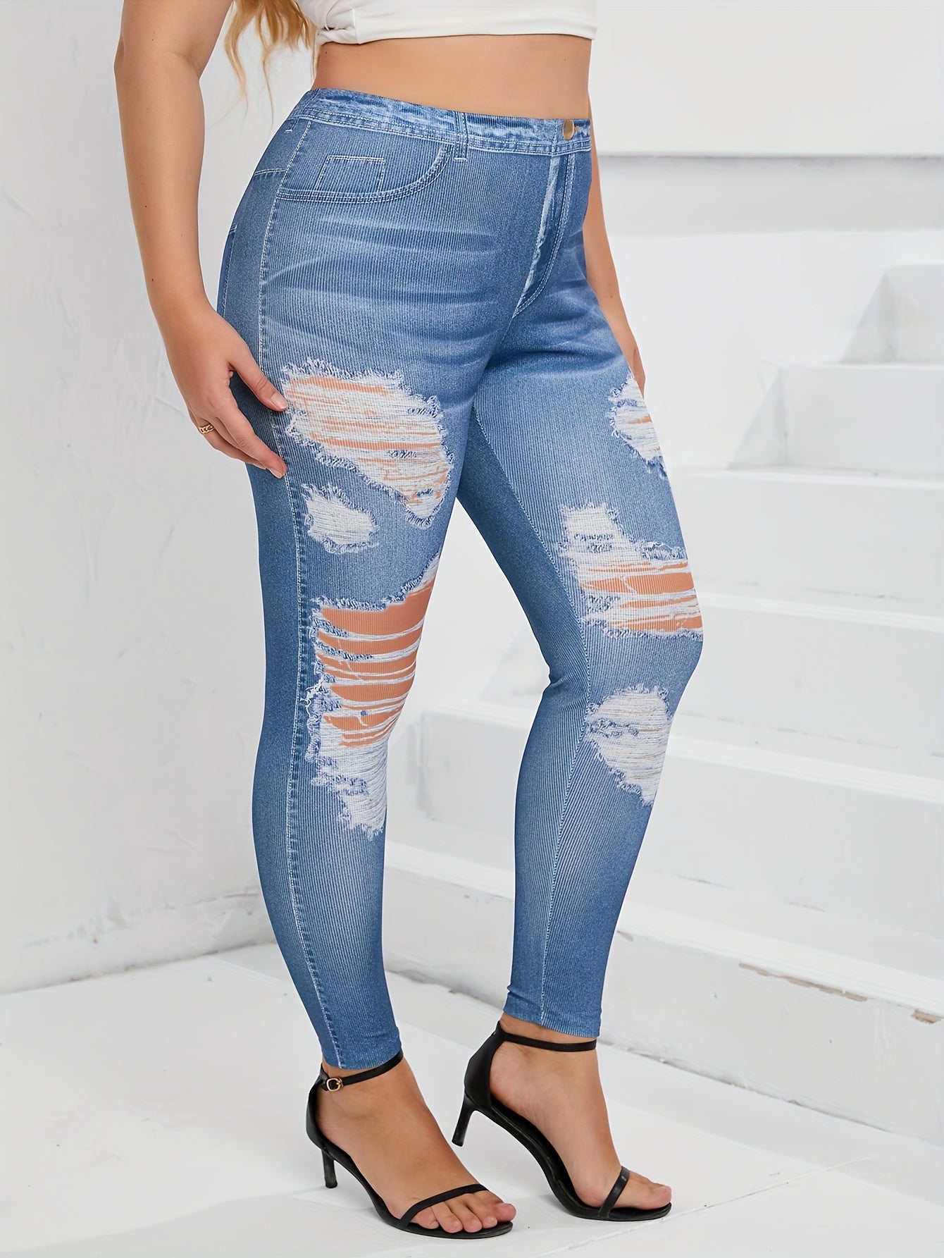  Ripped Denim Print High Rise Skinny Trousers