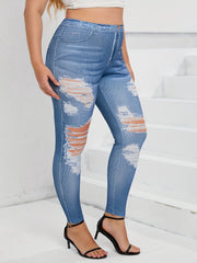  Ripped Denim Print High Rise Skinny Trousers
