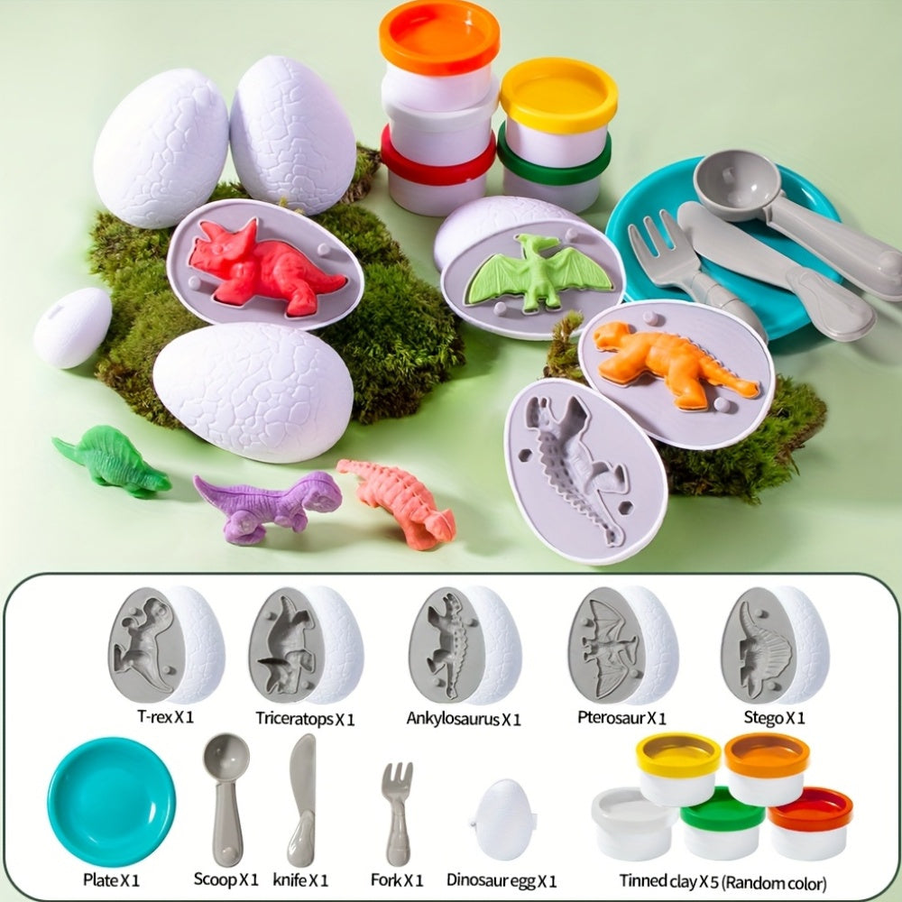 Dinosaur Clay Pretend Play Toy Set with Models, Molds, Tools
