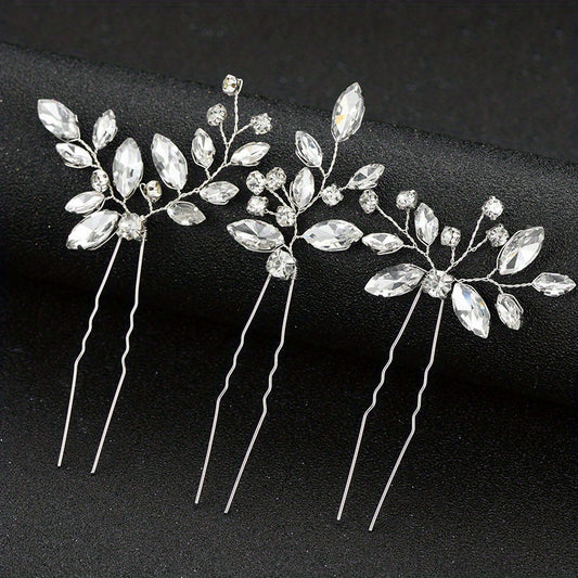 3pcs Crystal Rhinestone Hair Pins Bridal U Shaped Clips Wedding Accessories
