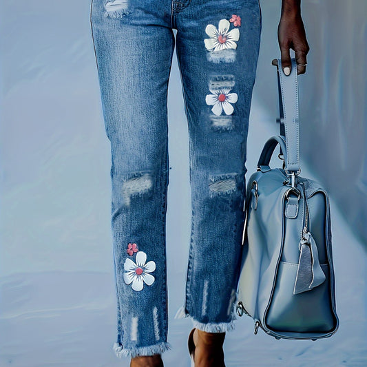 Women's Plus Floral Print Ripped Fringe Trim Jeans