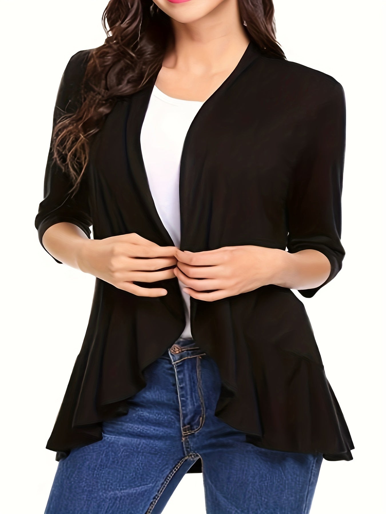  Open Front Ruffle Trim Cardigan