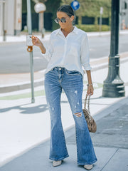  Washed Ripped Button Fly Stretch Flared Leg Jeans
