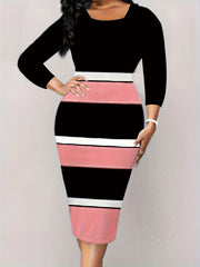  Colorblock Long Sleeve Midi Dress