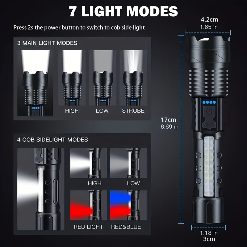 Rechargeable Waterproof Flashlight With Side Light & Zoomable Red Light