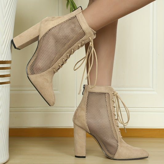 Mesh Block Heel Boots Lace Up Zipper Sandals