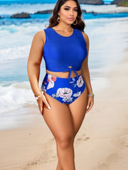  Solid Tie Front Crop Tank Top & Floral Print Panty Swimsuit Set