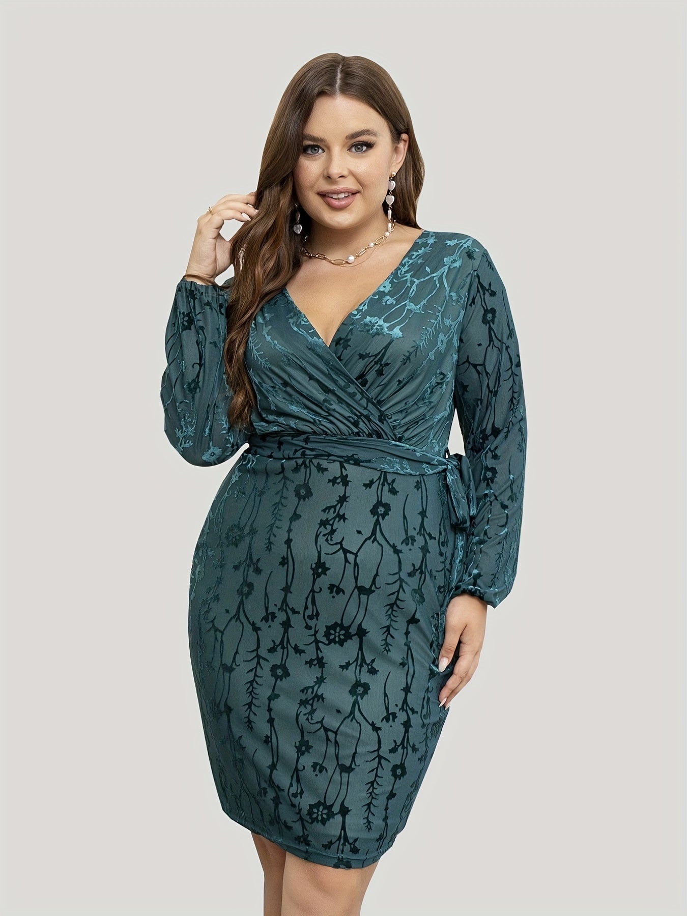  Floral Jacquard Lantern Sleeve Bodycon Dress