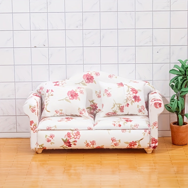 Pink Floral Mini Sofa Set Dollhouse Furniture Decoration