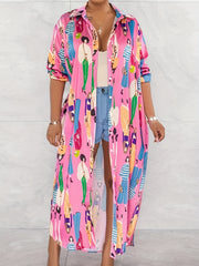  Figure Print Button Up Long Sleeve Shirt Dress