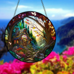 Forest House Suncatcher Stained Plastic Window Hanging Home Garden Decor