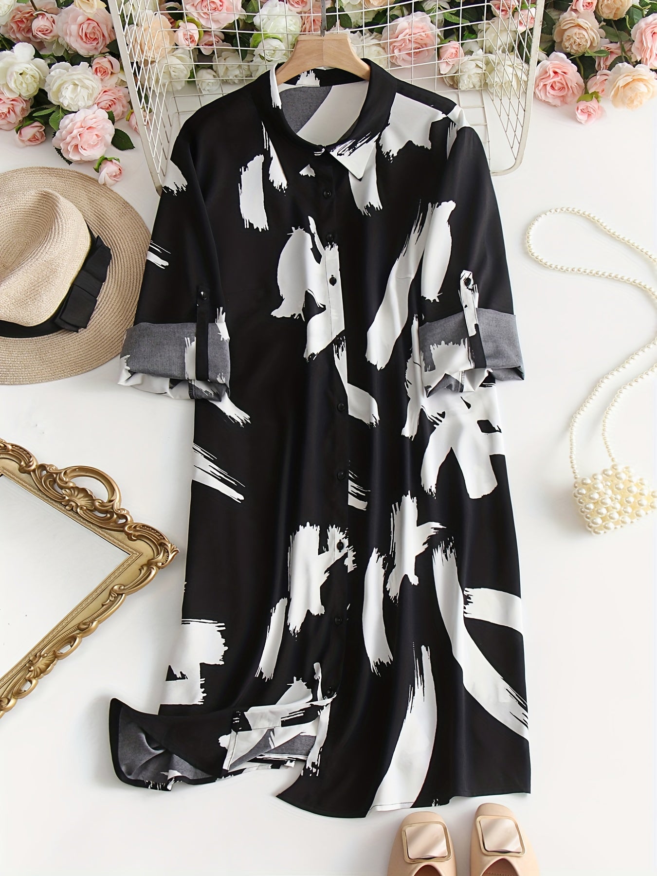  Brush Print Button Up Polo Neck Shirt Dress