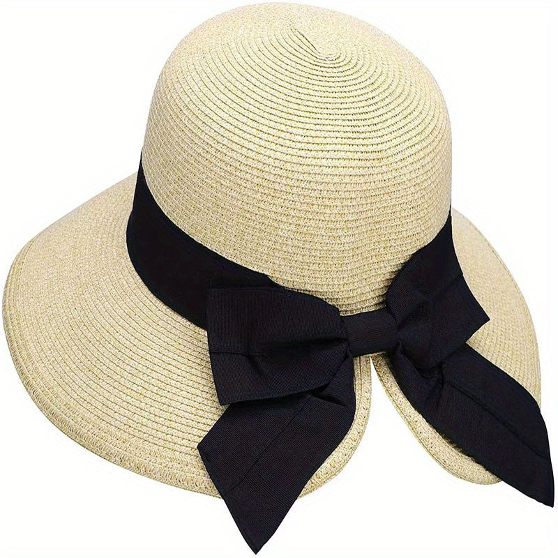 Bowknot Ponytail Sun Hat Wide Brim UV Protection Straw Hat Lightweight Foldable