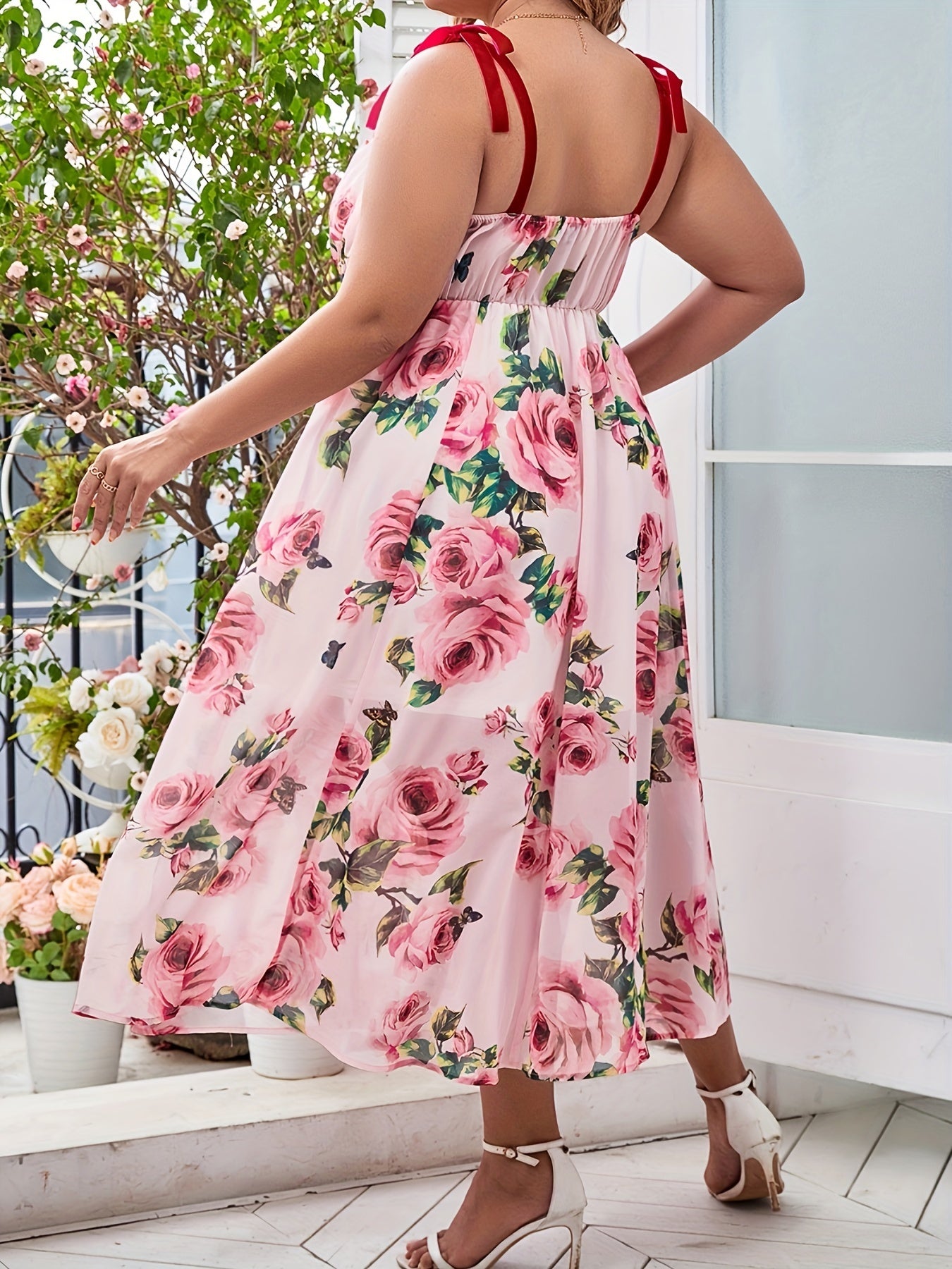  Rose Print Knot Strap Maxi Dress Women's Plus Romantic Long Dress