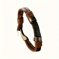 Vintage Style Brown Faux Leather Bracelet with Stone Weave