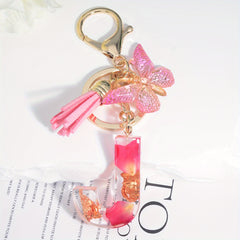 Resin Floral Letter Keychain with Tassel & Butterfly Pendant