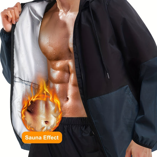 Men's Sauna Sweat Jacket Block Hooded Workout Clothing for Gym