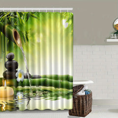 Chinese Style Shower Curtain with Hooks, Bamboo & Stone Pattern, Bathroom Decor