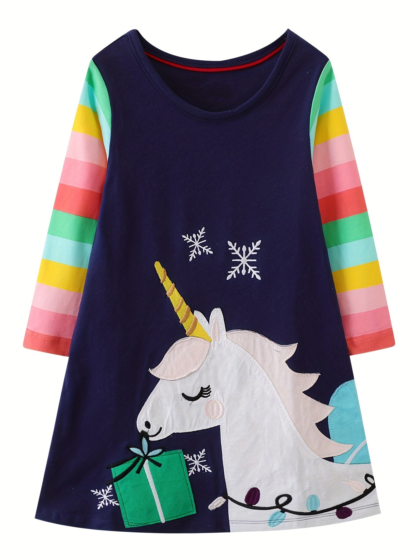 Girls' Unicorn Embroidery Striped Raglan Dress