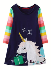 Girls' Unicorn Embroidery Striped Raglan Dress