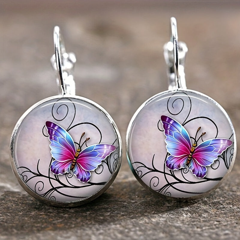 Vintage Time Gemstone Glass Earrings Sunflower Tree Butterfly