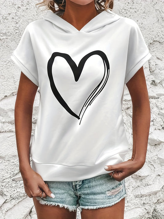 Heart Print Short Sleeve Hoodie Casual Hoodies Sweatshirt