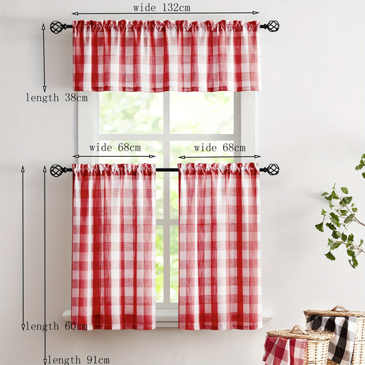 Plaid Pattern Tiers Cafe Curtains Semi shading Semi transparent Window