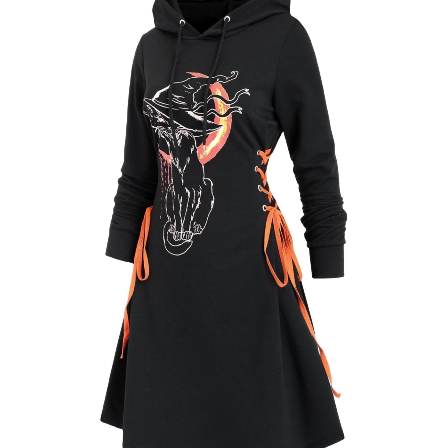  Goth Dress Women's Plus Witch Cat & Moon Print Lace Up Long Sleeve