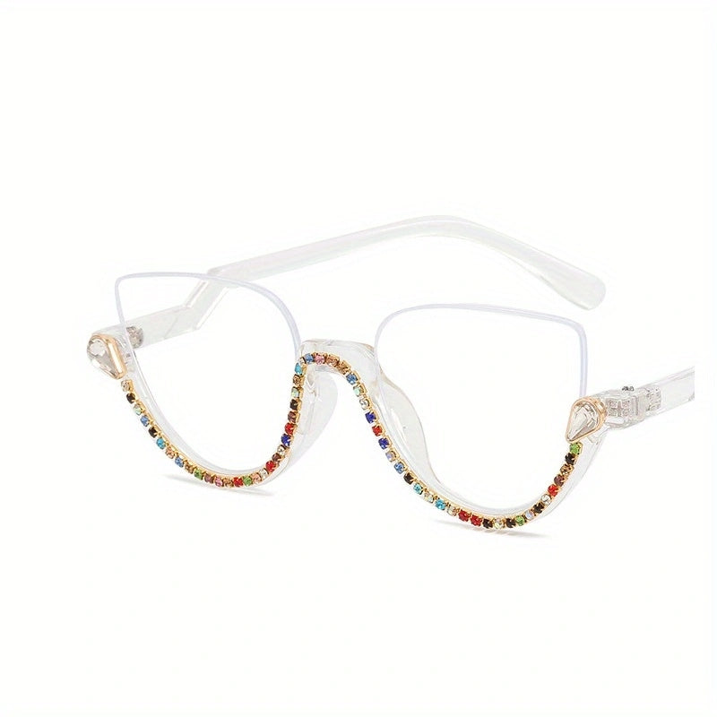 Semi Rimless Cat Eye Glasses Rhinestone Decor Clear Lens Stylish