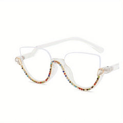 Semi Rimless Cat Eye Glasses Rhinestone Decor Clear Lens Stylish