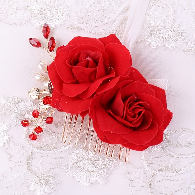 Red Rose Flower Hair Combs Bridal Headpiece Hair Accessories